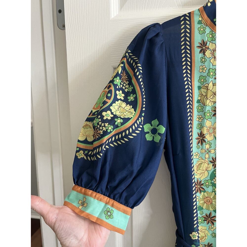 LUXXEL Navy Floral Puff Sleeve Button Front Tiered Maxi Dress Sz M NWT - Picture 3 of 16